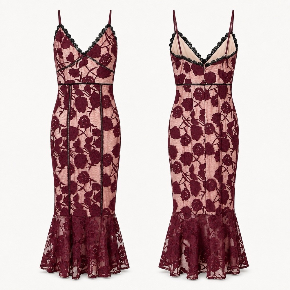 Lulus Mermaid Slip Maxi Dress Burgundy Sz S Formal Wedding Guest Floral Lace